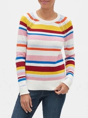 GAP Multi Stripe Raglan Crew Pullover Sweater Rainbow Pastels Size Large